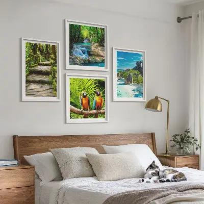 Set 4 slike u okviru vodopad s papigama u tropskoj šumi