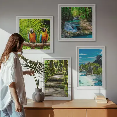 Set 4 slike u okviru vodopad s papigama u tropskoj šumi