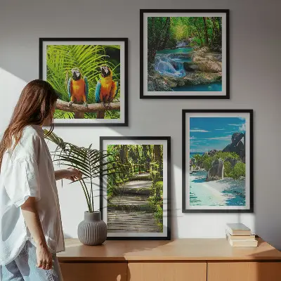 Set 4 slike u okviru vodopad s papigama u tropskoj šumi