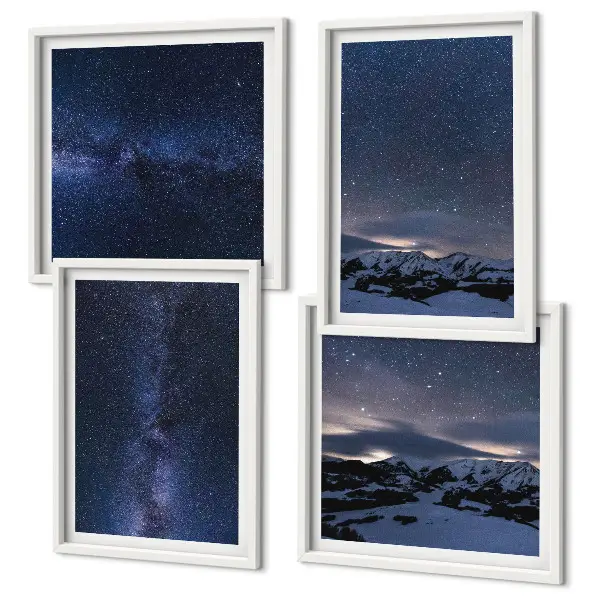 Set 4 slike u okviru noćno nebo s planinama i zvijezdama
