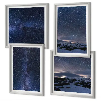Set 4 slike u okviru noćno nebo s planinama i zvijezdama