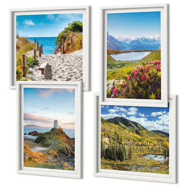 Set od 4 slike u okviru motivi plaže, svjetionika, planina, livade i cvijeća