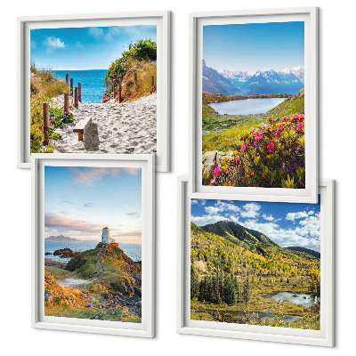 Set 4 slike u okviru Plaža, svjetionik, planine, livade, cvijeće