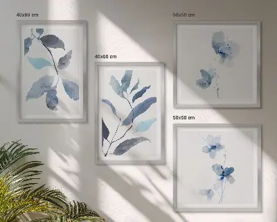 Akvarel plavog lišća set od 4 slike u okviru