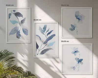 Akvarel plavog lišća set od 4 slike u okviru