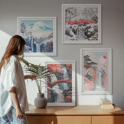 Set od 4 slike u okviru motivi slapova, mostova, drveća i godišnjih doba