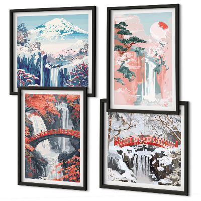 Set 4 slike u okviru Slapovi, mostovi, drveće, godišnja doba