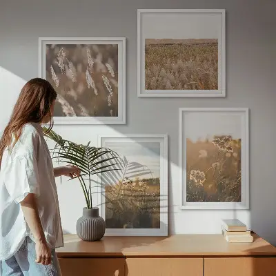 Set od 4 slike u okviru ljetne livade s cvijećem i zalaskom sunca