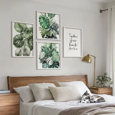 Komplet slika za spavaću sobu dekoracija s motivom zelenog tropskog lišća