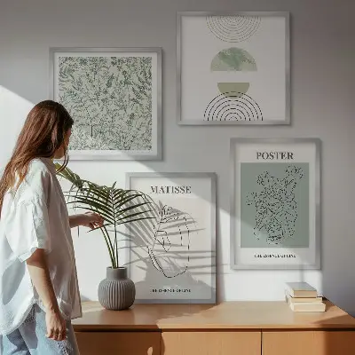 Set od 4 slike u okviru s motivom linija, biljnih uzoraka i minimalizma