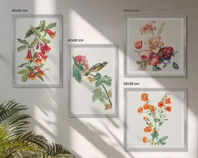 Set od 4 slike u okviru oslikano cvijeće s retro pticama