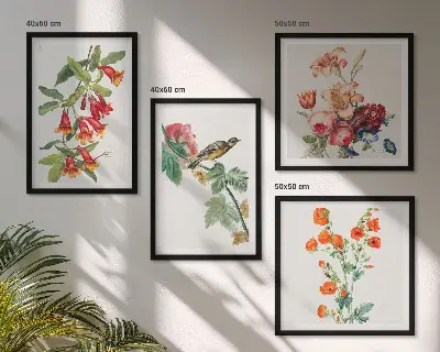Set od 4 slike u okviru oslikano cvijeće s retro pticama