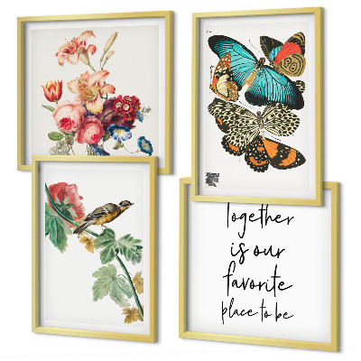 Set 4 slike u okviru Cvijeće leptiri ptica pastel