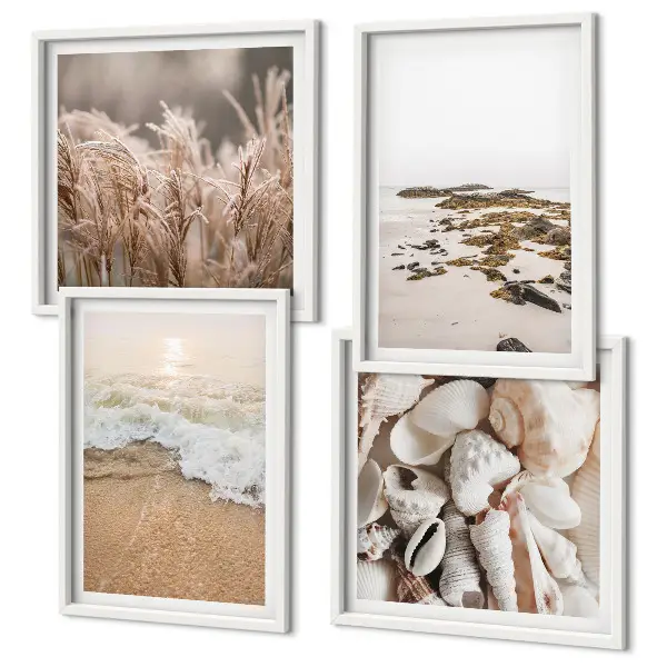 Set od 4 slike u okviru motivi plaže, trave, valova i kamenja u boho stilu