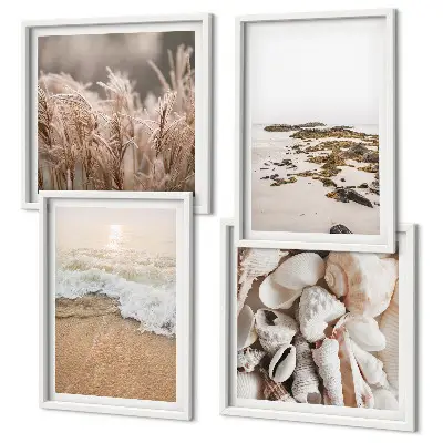 Set od 4 slike u okviru motivi plaže, trave, valova i kamenja u boho stilu