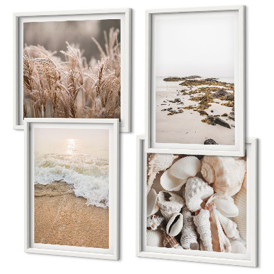 Set 4 slike u okviru Plaža trava valovi kamenje boho