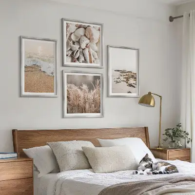 Set od 4 slike u okviru motivi plaže, trave, valova i kamenja u boho stilu