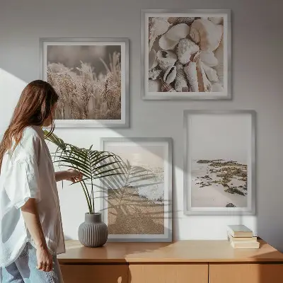 Set od 4 slike u okviru motivi plaže, trave, valova i kamenja u boho stilu