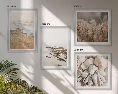 Set od 4 slike u okviru motivi plaže, trave, valova i kamenja u boho stilu