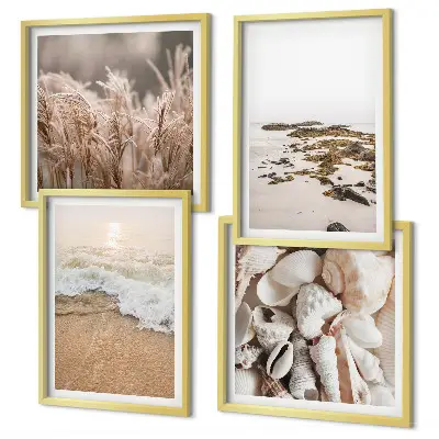 Set od 4 slike u okviru motivi plaže, trave, valova i kamenja u boho stilu