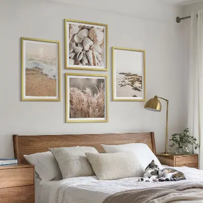 Set od 4 slike u okviru motivi plaže, trave, valova i kamenja u boho stilu