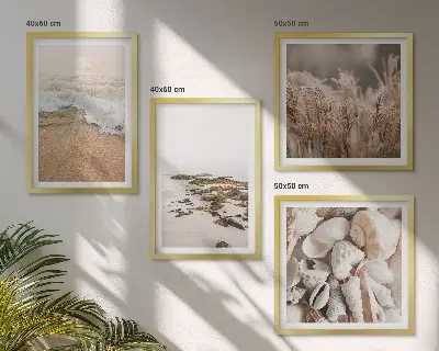 Set od 4 slike u okviru motivi plaže, trave, valova i kamenja u boho stilu