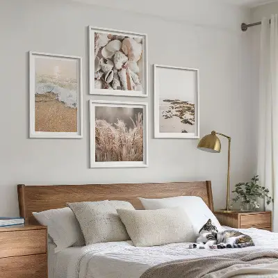 Set od 4 slike u okviru motivi plaže, trave, valova i kamenja u boho stilu
