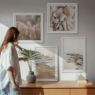 Set od 4 slike u okviru motivi plaže, trave, valova i kamenja u boho stilu
