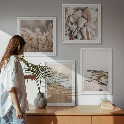 Set 4 slike u okviru Plaža trava valovi kamenje boho