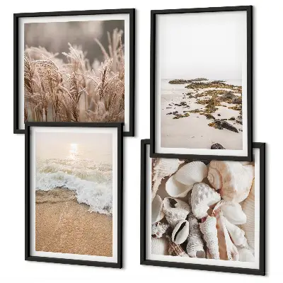 Set od 4 slike u okviru motivi plaže, trave, valova i kamenja u boho stilu