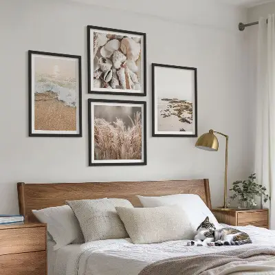 Set od 4 slike u okviru motivi plaže, trave, valova i kamenja u boho stilu