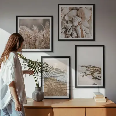 Set od 4 slike u okviru motivi plaže, trave, valova i kamenja u boho stilu