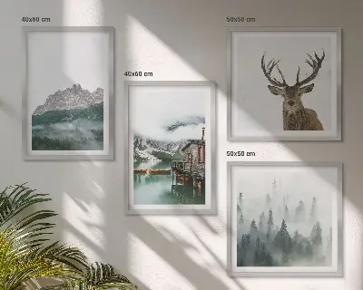 Dekorativni komplet slika za zid planinski pejzaž s jezerom, jelenima, kolibom i maglom