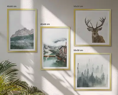 Dekorativni komplet slika za zid planinski pejzaž s jezerom, jelenima, kolibom i maglom