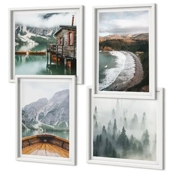 Set 4 slike u okviru Planine, jezero, brod, magla, plaža