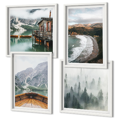 Set 4 slike u okviru Planine, jezero, brod, magla, plaža