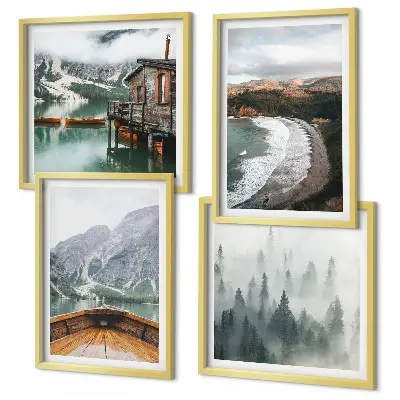 Set 4 slike u okviru Planine, jezero, brod, magla, plaža