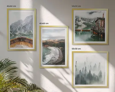 Set 4 slike u okviru Planine, jezero, brod, magla, plaža