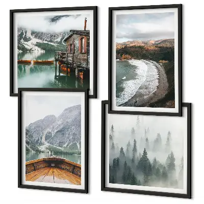 Set 4 slike u okviru Planine, jezero, brod, magla, plaža