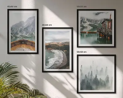Set 4 slike u okviru Planine, jezero, brod, magla, plaža