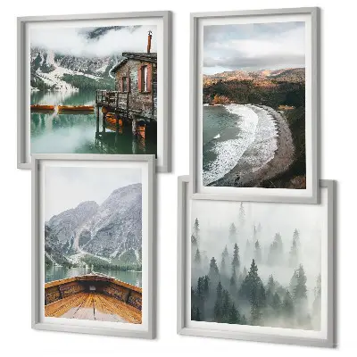 Set 4 slike u okviru Planine, jezero, brod, magla, plaža