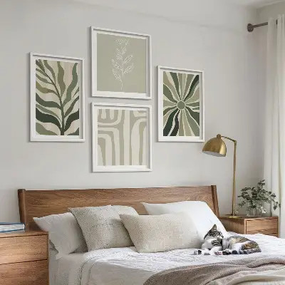Komplet slika za spavaću sobu zeleni minimalizam s biljnim motivima