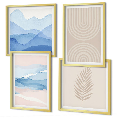 Set 4 slike u okviru Lišće valovi bež plava