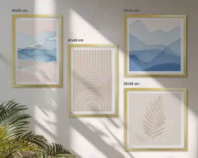 Set od 4 slike u okviru lišće s valovima u bež i plavoj boji