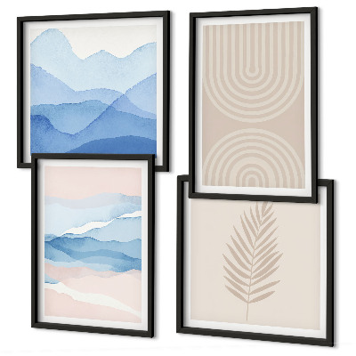 Set 4 slike u okviru Lišće valovi bež plava