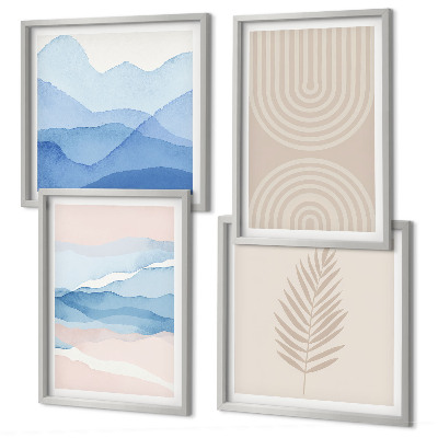 Set 4 slike u okviru Lišće valovi bež plava