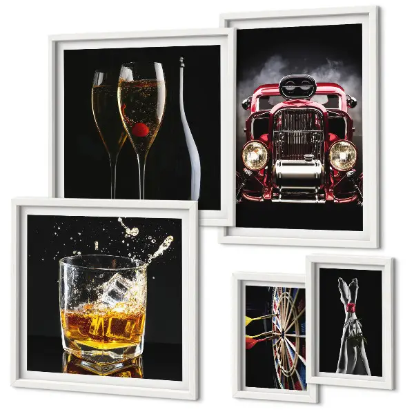 Set slika iznad kauča elegantne retro teme s motivima automobila i pića