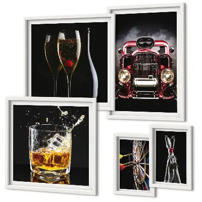 Set slika iznad kauča elegantne retro teme s motivima automobila i pića