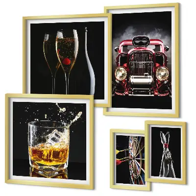 Set slika iznad kauča elegantne retro teme s motivima automobila i pića