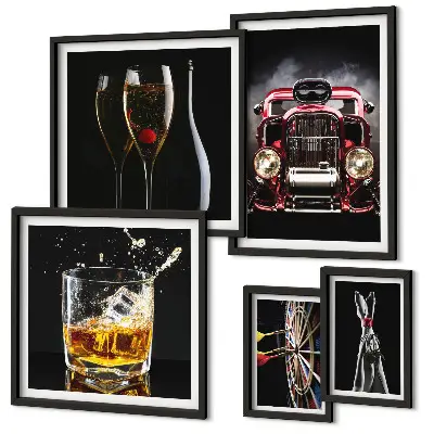 Set slika iznad kauča elegantne retro teme s motivima automobila i pića